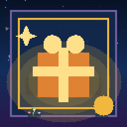 A Habbo.World prize table with wrapped gifts, trophies, and gold tokens.