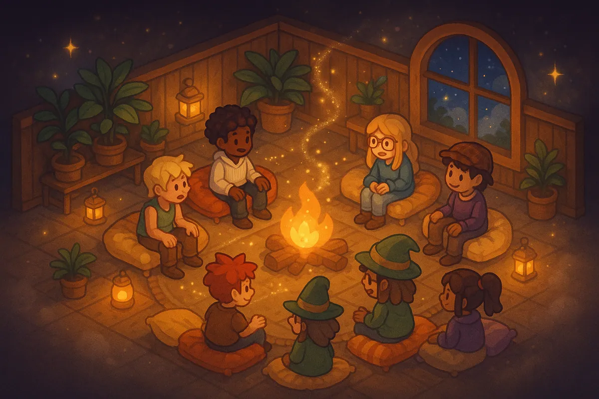 A cozy Habbo.World hangout where players sit together in warm light and chat at their own pace.
