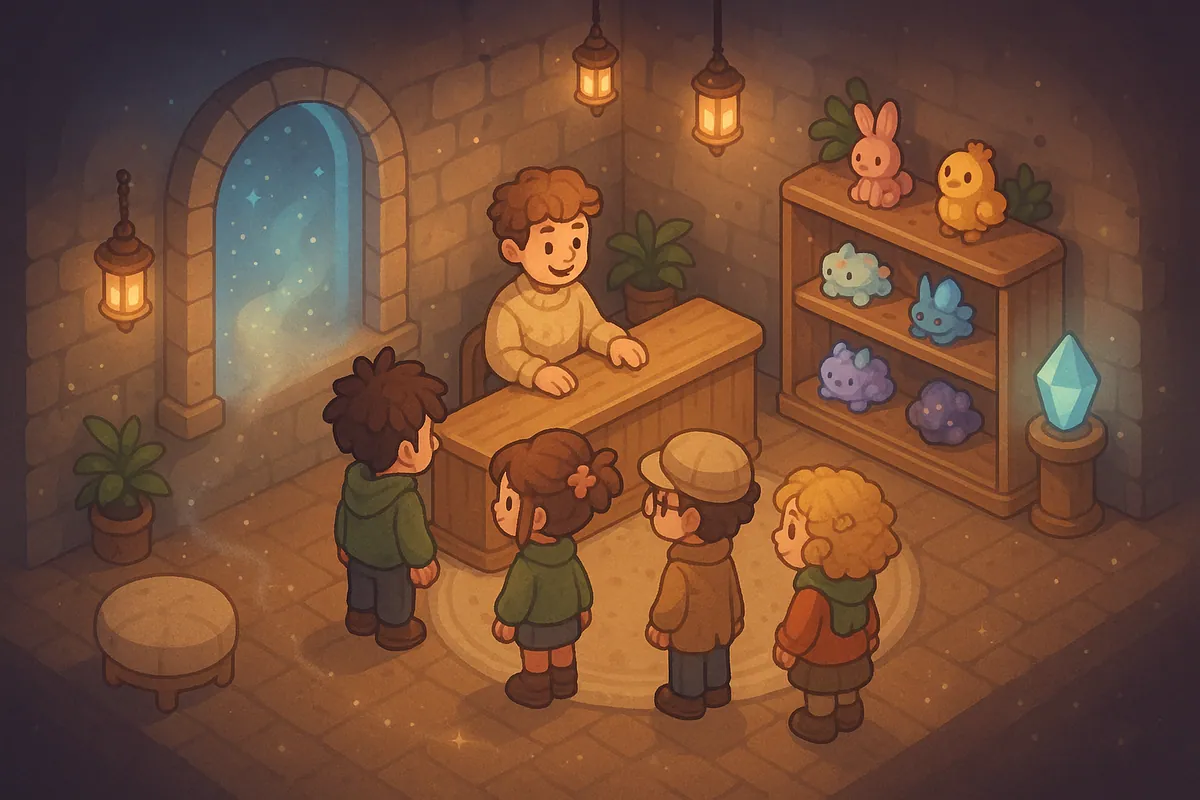 A cozy Habbo.World prize room with cute rewards, a host, and players waiting for fair prize grabs.