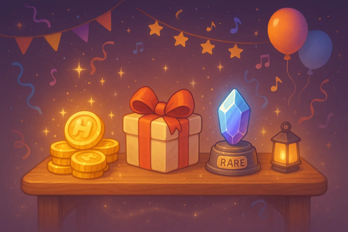 A cozy Habbo.World reward table with Catalogue Credits, daily gifts, rare specials, and warm celebration details.
