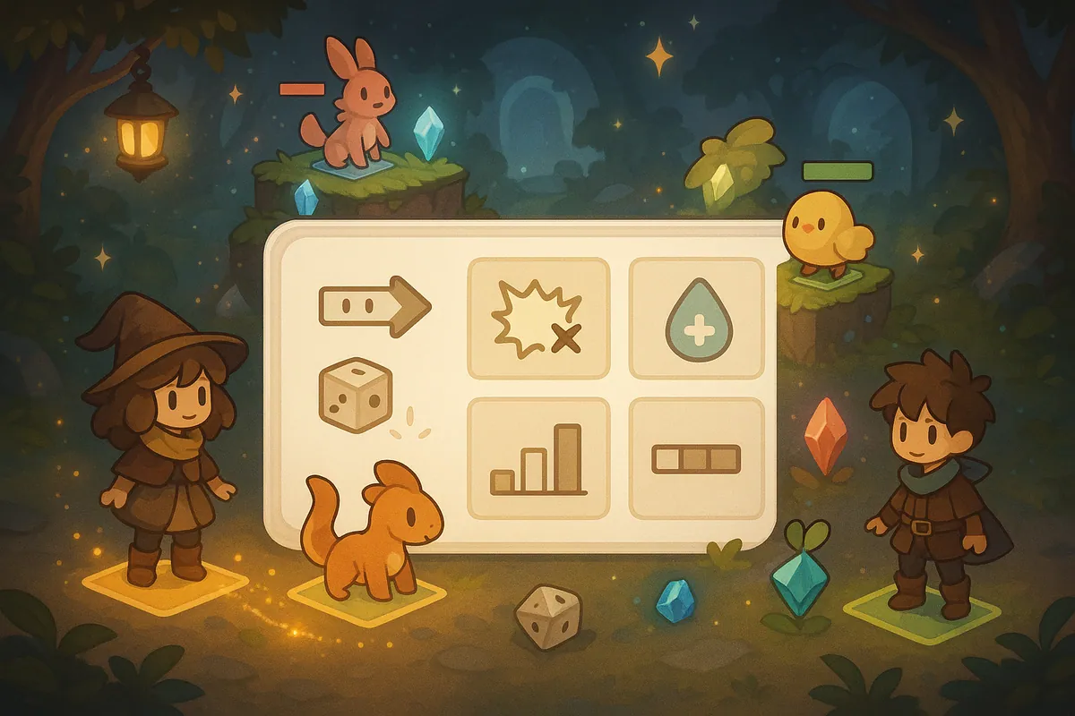 A friendly Habbomon battle guide scene with dice, simple battle tiles, and abstract guide panels.