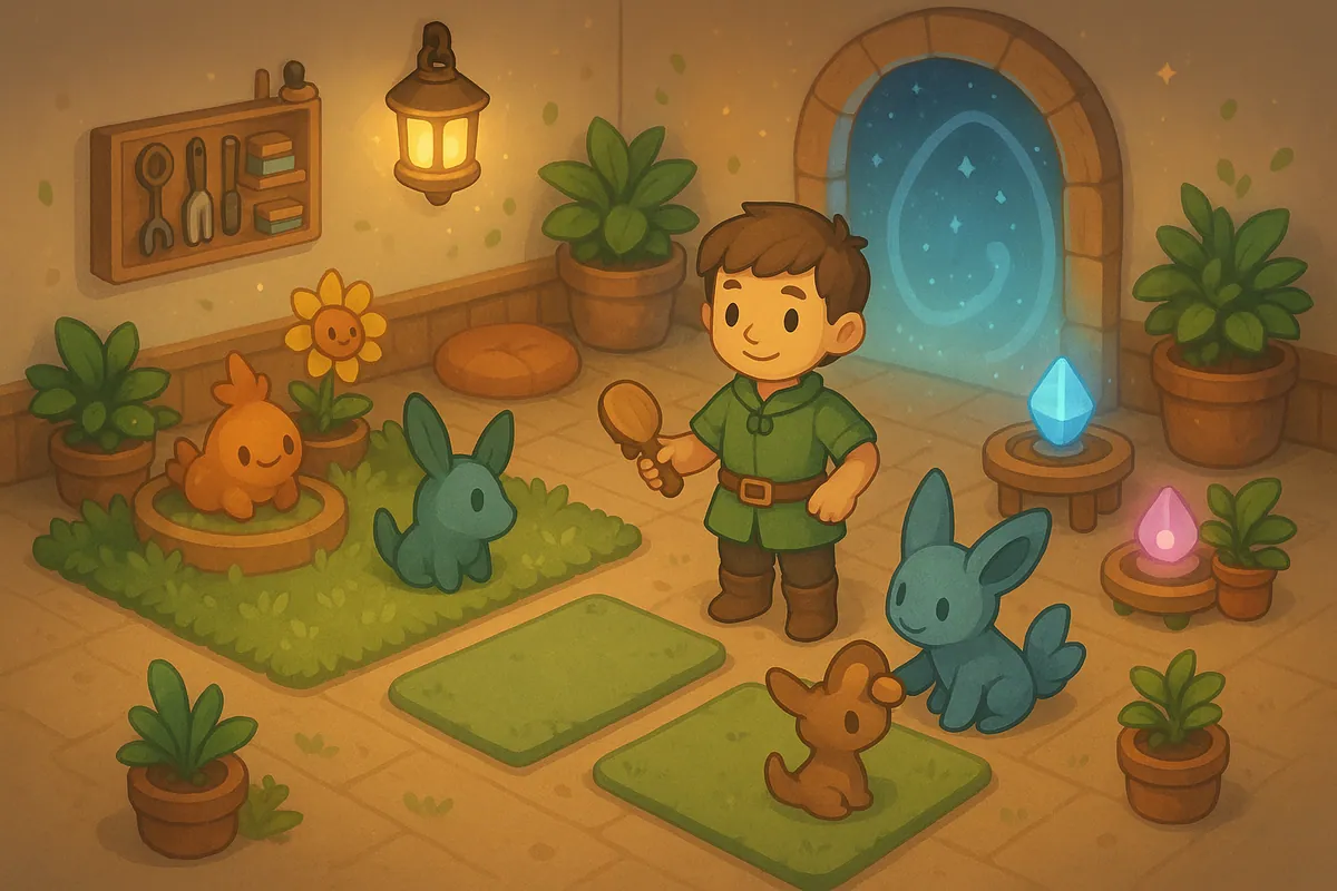 A cozy Habbomon Day Care training room with plants, mats, helpers, and relaxed optional RPG progress.