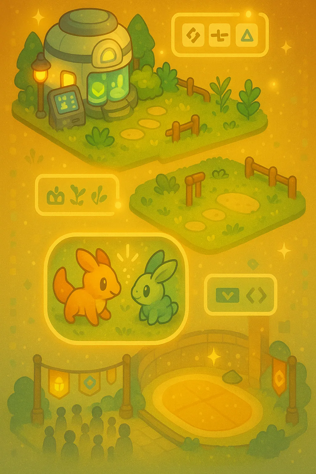 A warm Habbomon RPG overview poster with starter, training, battle, and community mini-scenes.