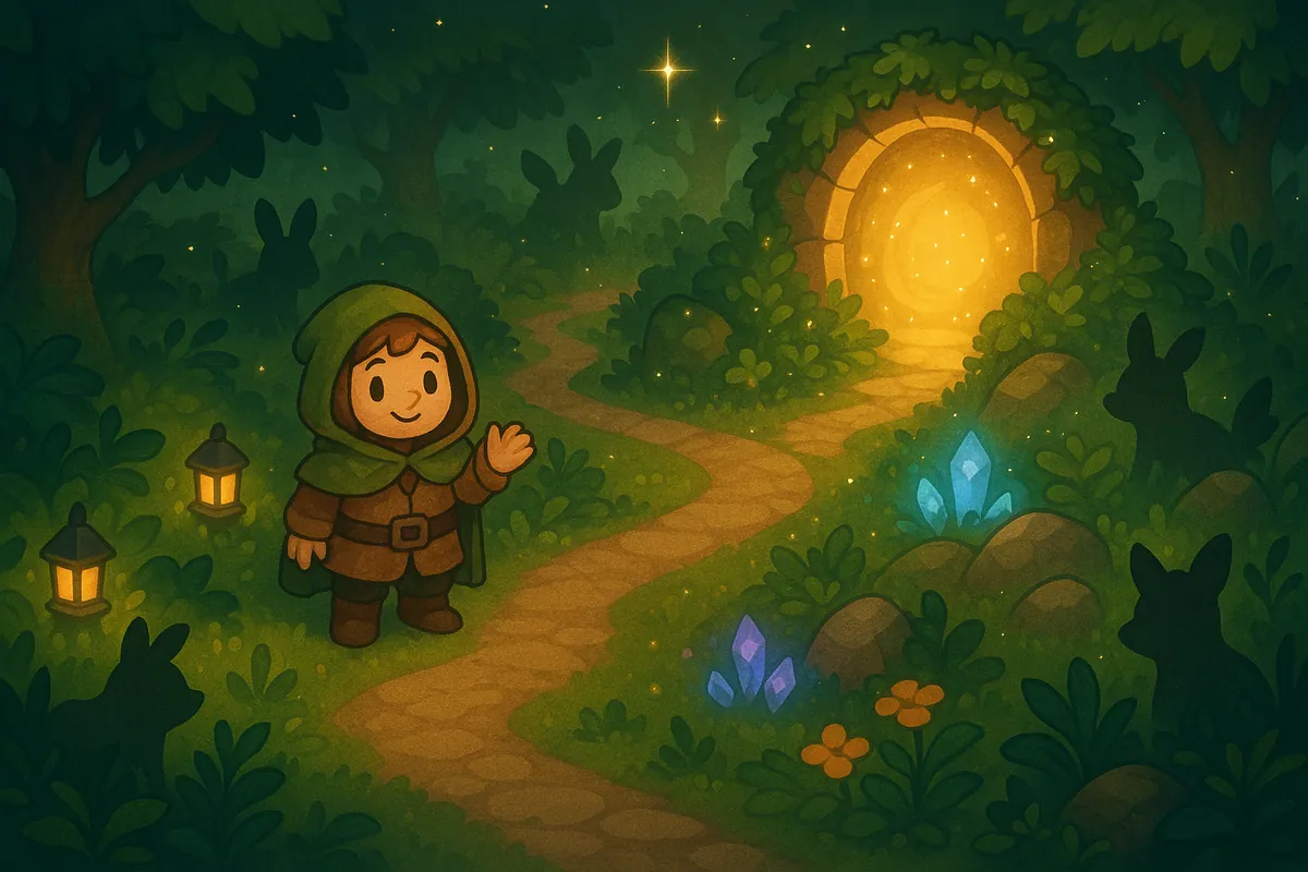 A cozy Habbomon Wild Area with plants, paths, a helper, and an optional creature encounter.